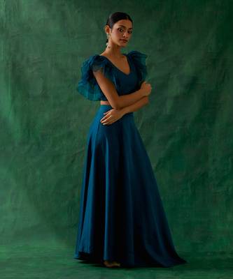 Teal Chanderi Handloom Skirt with Ruffle Top 1