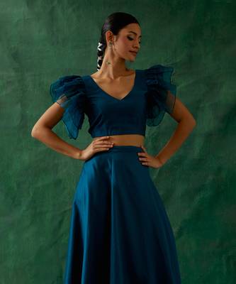 Teal Chanderi Handloom Skirt with Ruffle Top 2