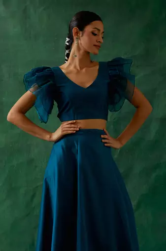 Teal Chanderi Handloom Skirt with Ruffle Top
