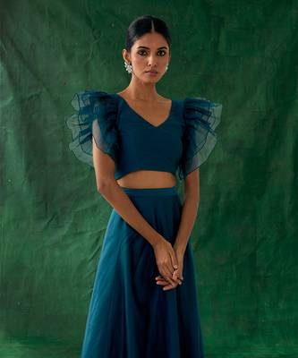 Teal Chanderi Handloom Skirt with Ruffle Top 3