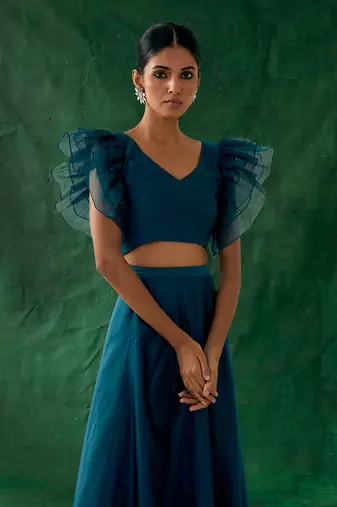Teal Chanderi Handloom Skirt with Ruffle Top