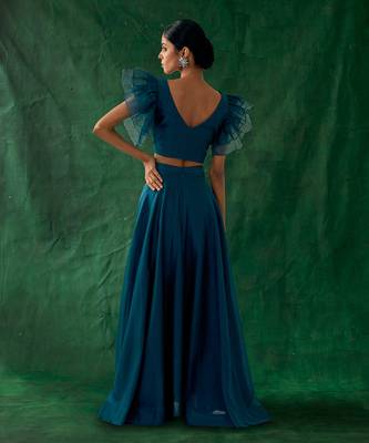 Teal Chanderi Handloom Skirt with Ruffle Top 4