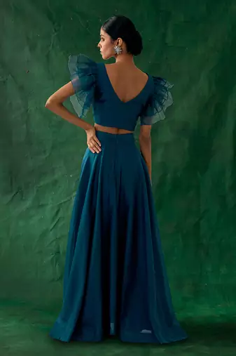 Teal Chanderi Handloom Skirt with Ruffle Top