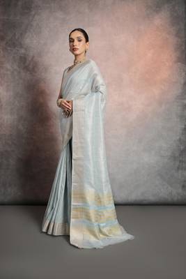 Firozi Mulberry Silk Zari Weaving Border And Designer Rich Pallu Saree With Blouse For Women 2
