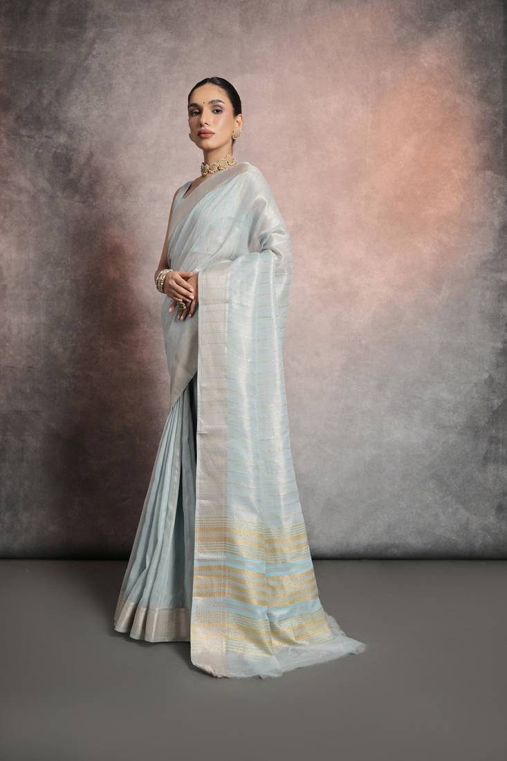 Firozi Mulberry Silk Zari Weaving Border And Designer Rich Pallu Saree With Blouse For Women