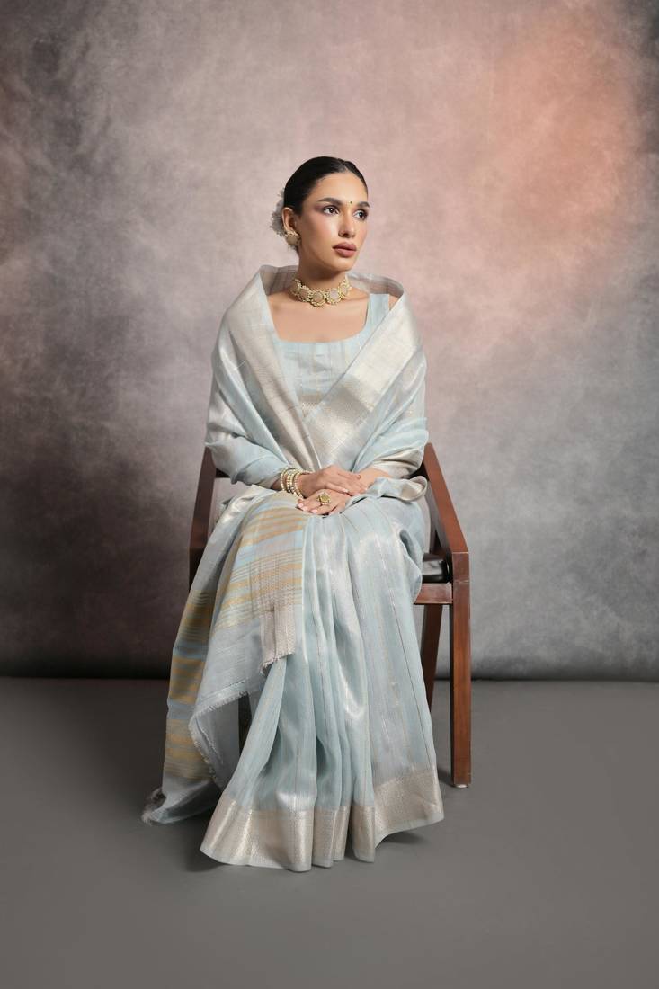 Firozi Mulberry Silk Zari Weaving Border And Designer Rich Pallu Saree With Blouse For Women