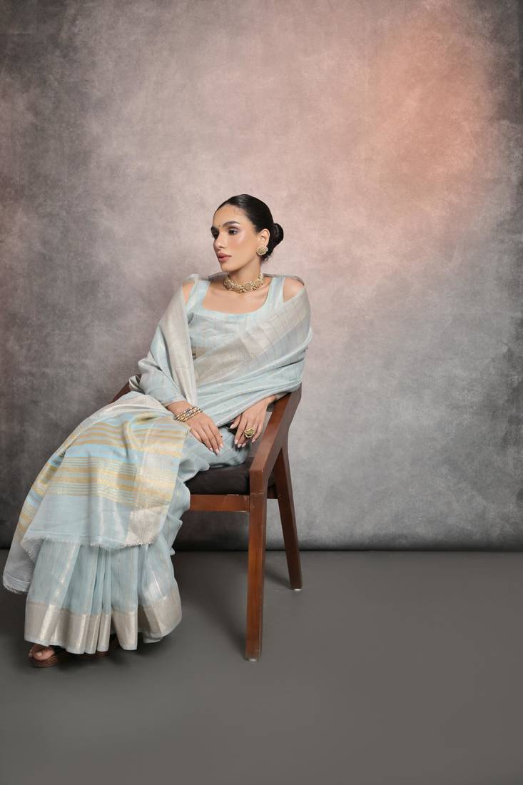 Firozi Mulberry Silk Zari Weaving Border And Designer Rich Pallu Saree With Blouse For Women