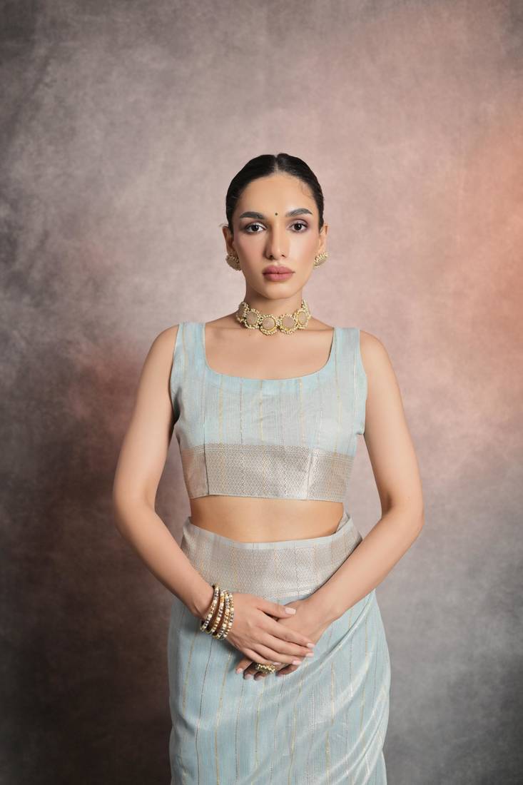 Firozi Mulberry Silk Zari Weaving Border And Designer Rich Pallu Saree With Blouse For Women