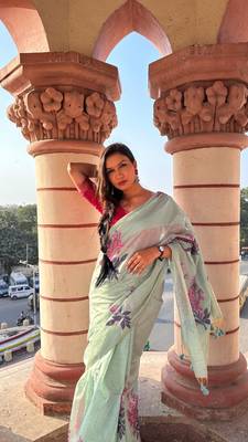 Sea Green Muga Cotton Printed Pallu And Contrast Border Saree With Blouse For Women 1