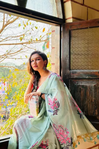 Sea Green Muga Cotton Printed Pallu And Contrast Border Saree With Blouse For Women