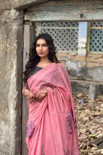 Pink  Muga Cotton Printed Pallu And Contrast Border Saree With Blouse For Women