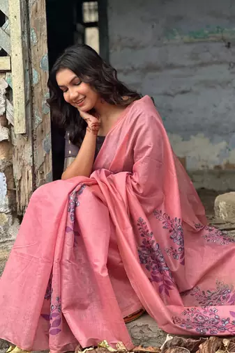 Pink  Muga Cotton Printed Pallu And Contrast Border Saree With Blouse For Women