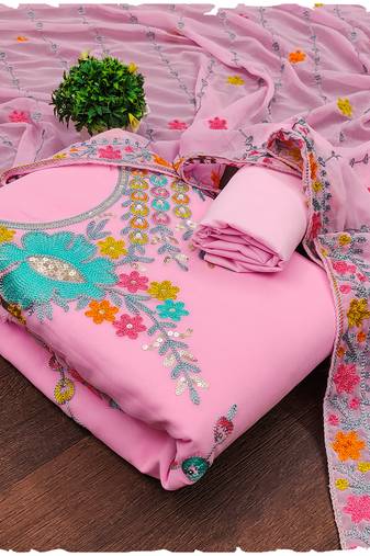 Baby Pink Georgette Sequin & Floral Pattern Multicolor Thread Work Kurta Bottom Dupatta Set Dress Material