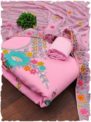 Baby Pink Georgette Sequin & Floral Pattern Multicolor Thread Work Kurta Bottom Dupatta Set Dress Material 1
