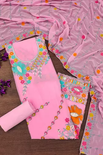Baby Pink Georgette Sequin & Floral Pattern Multicolor Thread Work Kurta Bottom Dupatta Set Dress Material