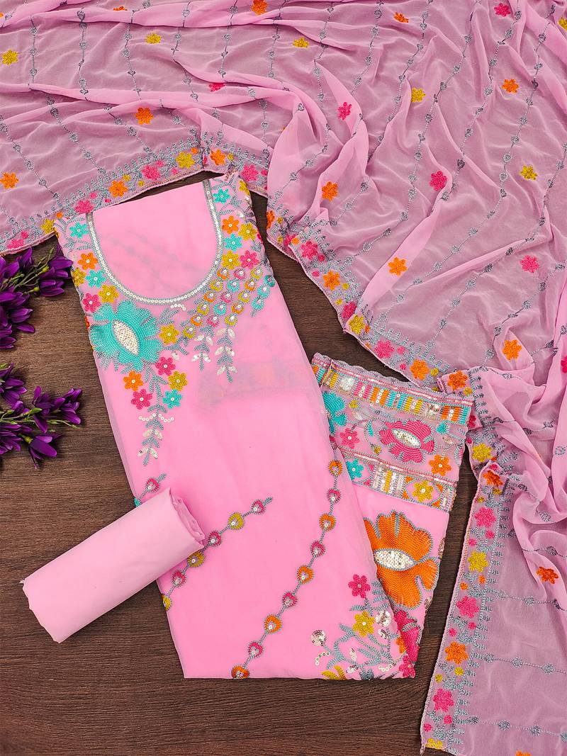 Baby Pink Georgette Sequin & Floral Pattern Multicolor Thread Work Kurta Bottom Dupatta Set Dress Material