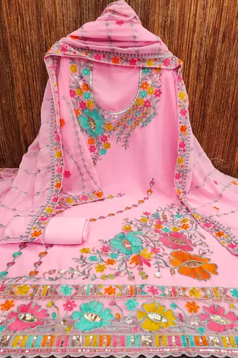 Baby Pink Georgette Sequin & Floral Pattern Multicolor Thread Work Kurta Bottom Dupatta Set Dress Material