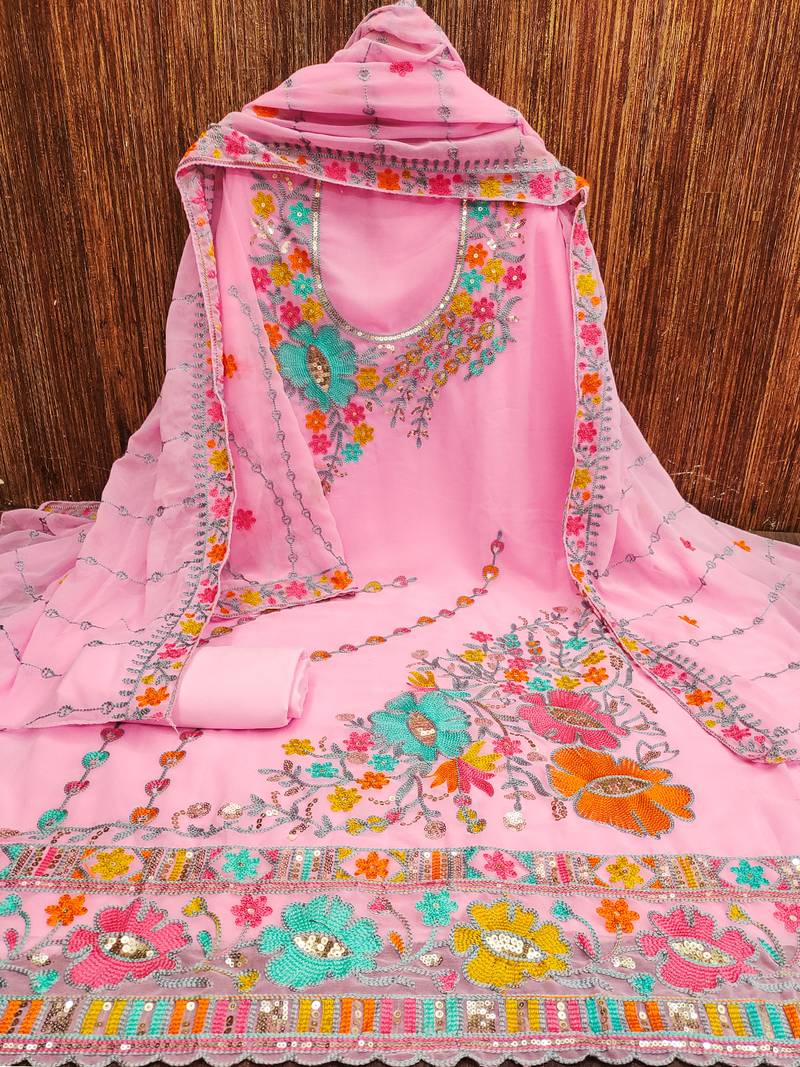 Baby Pink Georgette Sequin & Floral Pattern Multicolor Thread Work Kurta Bottom Dupatta Set Dress Material
