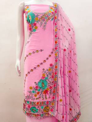 Baby Pink Georgette Sequin & Floral Pattern Multicolor Thread Work Kurta Bottom Dupatta Set Dress Material 4