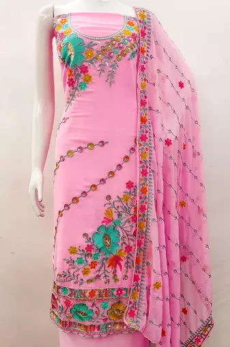 Baby Pink Georgette Sequin & Floral Pattern Multicolor Thread Work Kurta Bottom Dupatta Set Dress Material