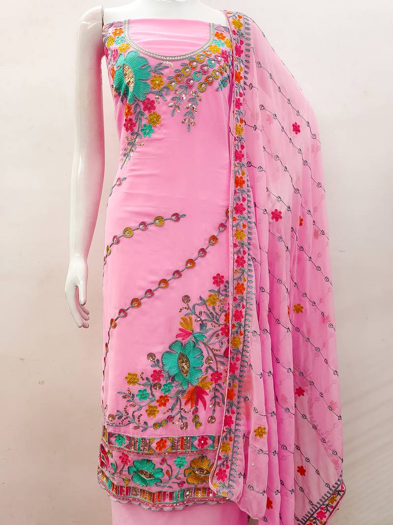 Baby Pink Georgette Sequin & Floral Pattern Multicolor Thread Work Kurta Bottom Dupatta Set Dress Material