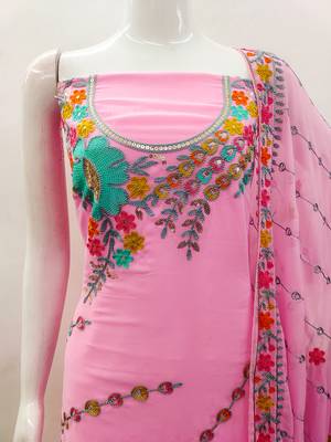 Baby Pink Georgette Sequin & Floral Pattern Multicolor Thread Work Kurta Bottom Dupatta Set Dress Material 5