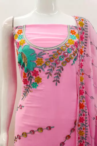 Baby Pink Georgette Sequin & Floral Pattern Multicolor Thread Work Kurta Bottom Dupatta Set Dress Material