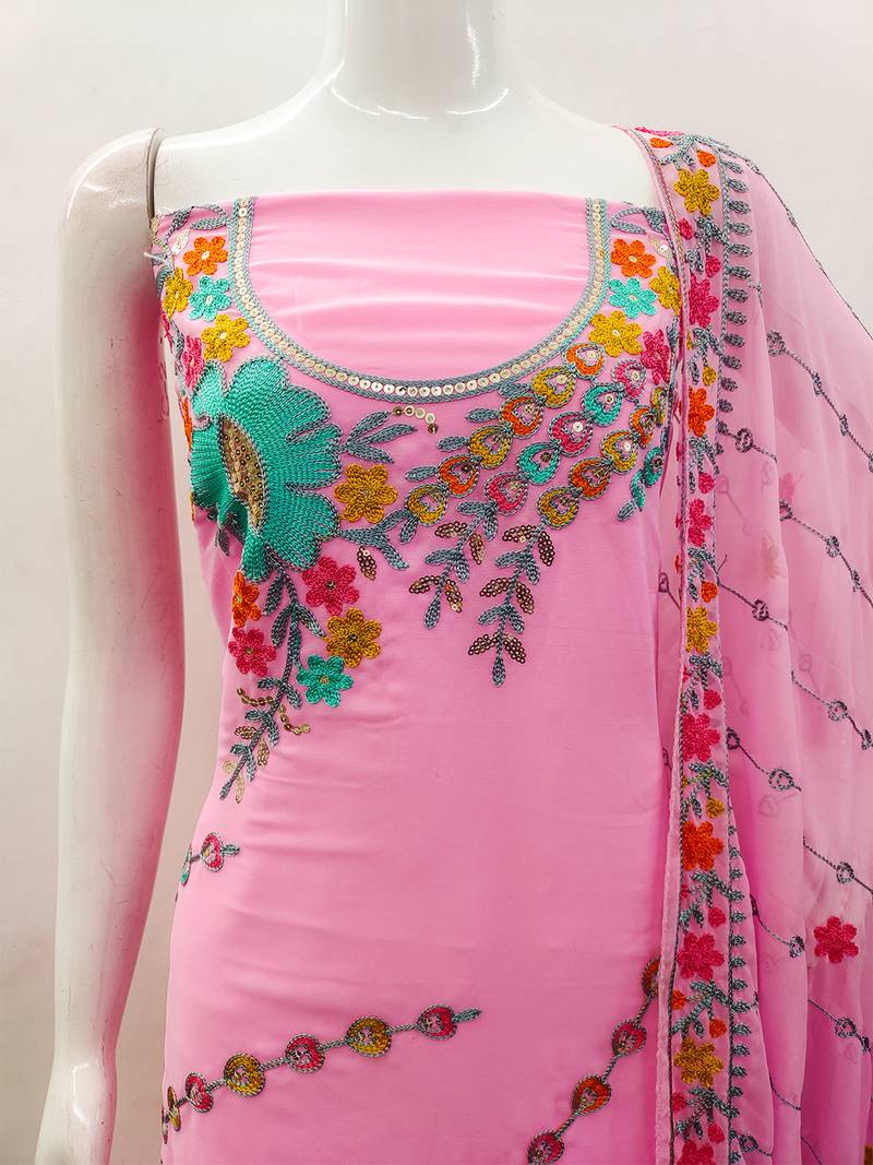 Baby Pink Georgette Sequin & Floral Pattern Multicolor Thread Work Kurta Bottom Dupatta Set Dress Material