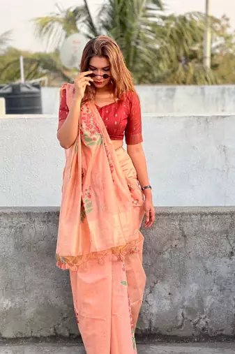 Peach  Muga Cotton Printed Pallu And Contrast Border Saree With Blouse For Women