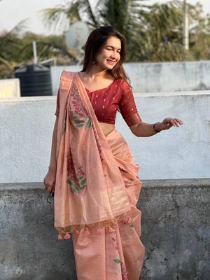 Peach  Muga Cotton Printed Pallu And Contrast Border Saree With Blouse For Women 1