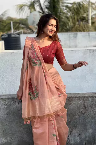 Peach  Muga Cotton Printed Pallu And Contrast Border Saree With Blouse For Women