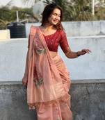 Peach  Muga Cotton Printed Pallu And Contrast Border Saree With Blouse For Women