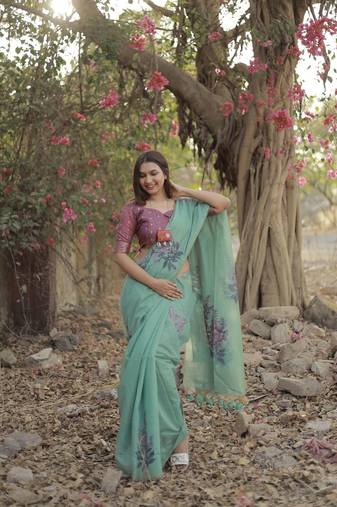 Teal  Muga Cotton Printed Pallu And Contrast Border Saree With Blouse For Women