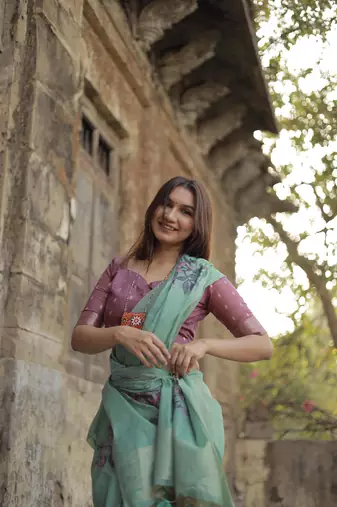 Teal  Muga Cotton Printed Pallu And Contrast Border Saree With Blouse For Women