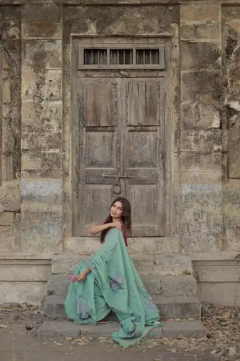 Teal  Muga Cotton Printed Pallu And Contrast Border Saree With Blouse For Women