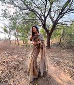 Grey Muga Cotton Printed Pallu And Contrast Border Saree With Blouse For Women