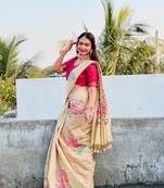 Cream Muga Cotton Printed Pallu And Contrast Border Saree With Blouse For Women