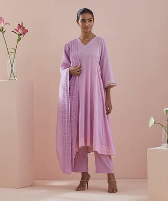 Pink cotton anarkali with pants & pink chanderi silk dupatta 1