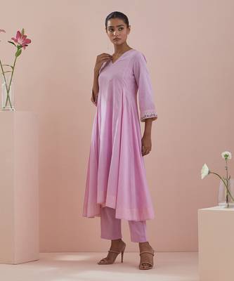 Pink cotton embroidered anarkali with pants 2