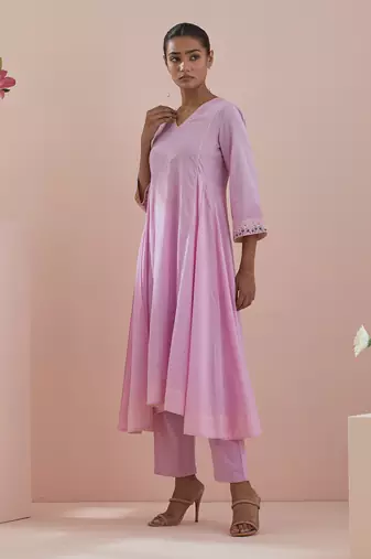 Pink cotton embroidered anarkali with pants