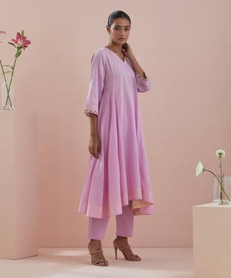 Pink cotton embroidered anarkali with pants 3