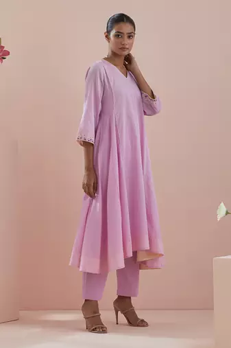 Pink cotton embroidered anarkali with pants