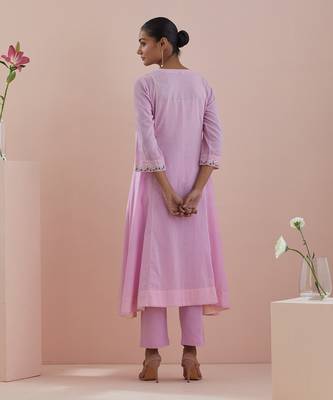 Pink cotton embroidered anarkali with pants 5