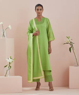 Green a line kurta with cropped pants 1