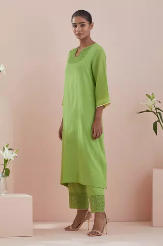 Green a line kurta with cropped pants