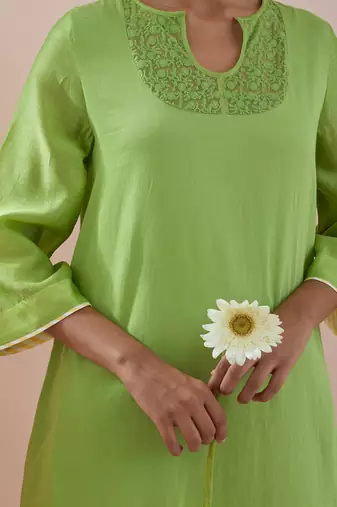 Green a line kurta with cropped pants
