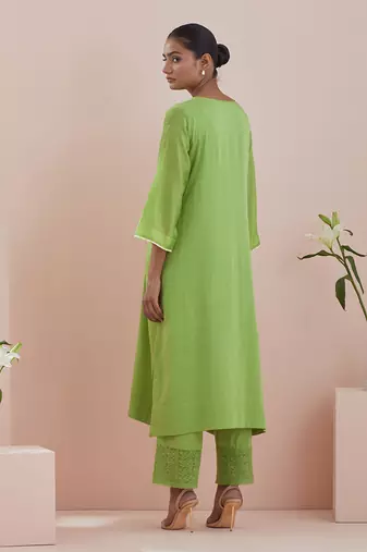 Green a line kurta with cropped pants