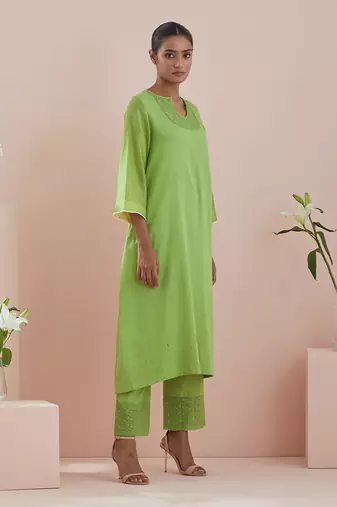 Green a line kurta with cropped pants