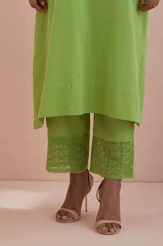 Green a line kurta with cropped pants
