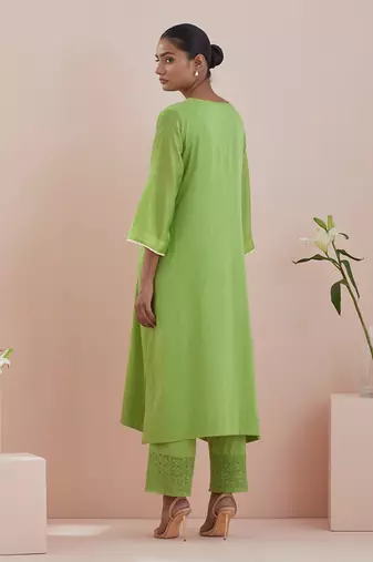 Green a line kurta with cropped pants